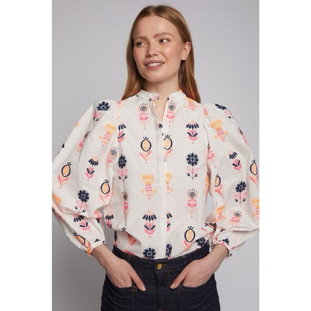 Vilagallo Womens Neon Embroidered Blouse Large 44 Colorful Boho Quiet Luxury